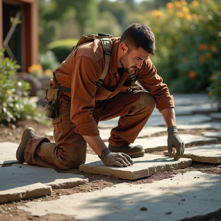 An expert driveway concrete repairmen is installing slabs on a new project in east Sacramento house owner residence