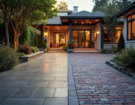 A side-by-side comparison image of a modern outdoor patio and driveway, with one half showcasing a smooth concrete surface and the other featuring a textured paver design. Labels highlight key differences such as cost, durability, aesthetics, and maintenance. The background includes a landscaped residential setting with greenery and ambient lighting